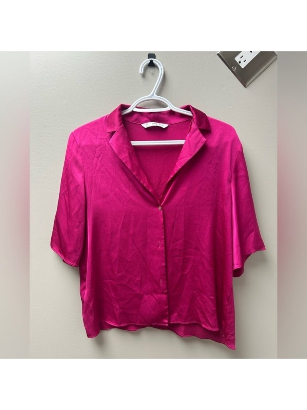 Mango Hot Pink Short Sleeve Satin Shirt